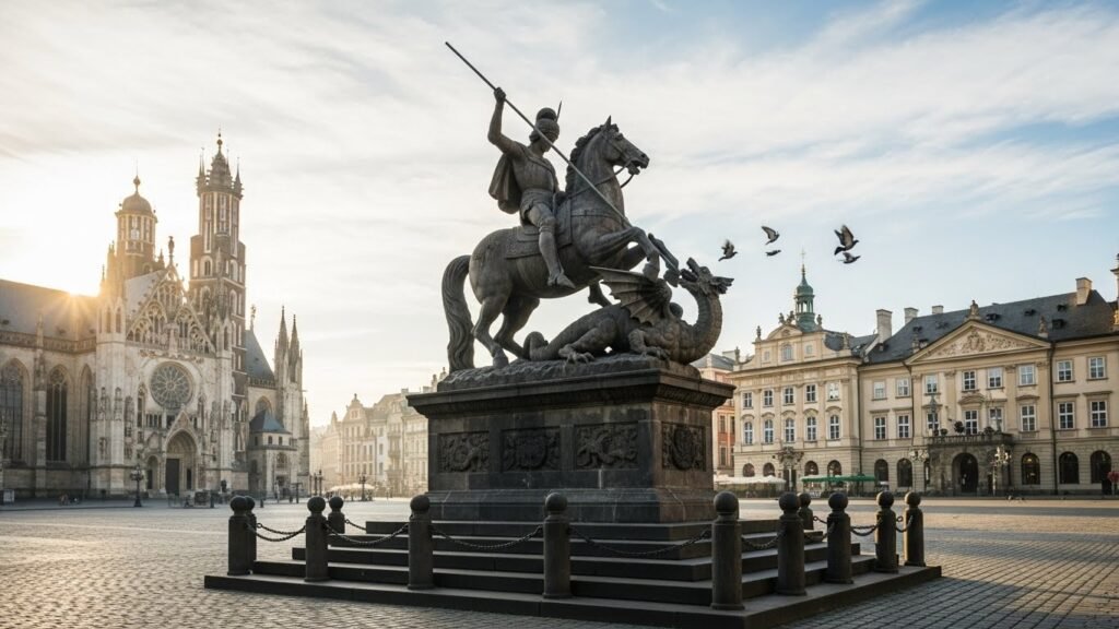 Estátua antiga representando quem foi São Jorge e sua importância cultural