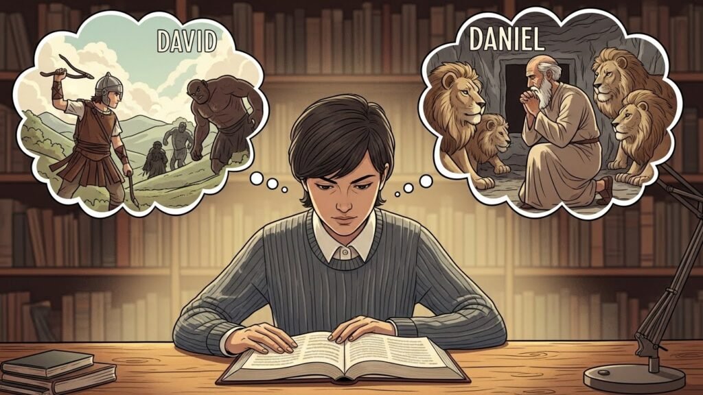 Ilustração explicando a confusão comum sobre o relato de davi na cova dos leões