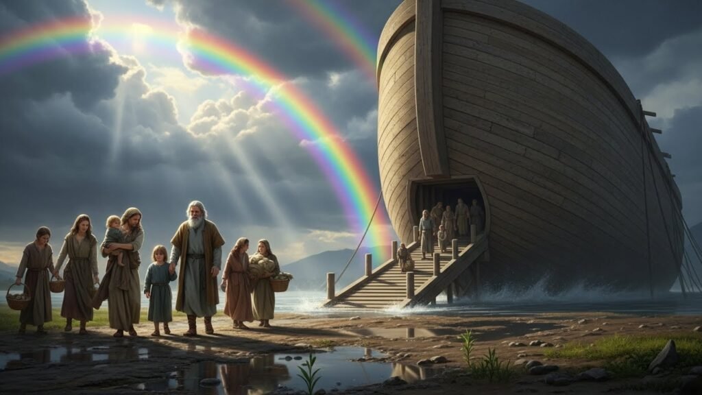 O que significa o arco-íris na Bíblia? 1 Família de Noé observando o que significa o arco-íris na bíblia como sinal de esperança