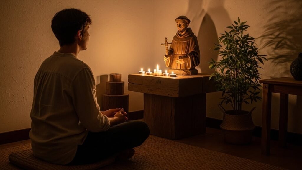 Por que os católicos rezam para os santos? 1 Homem em oração compreendendo porque os católicos rezam para os santos em seu lar