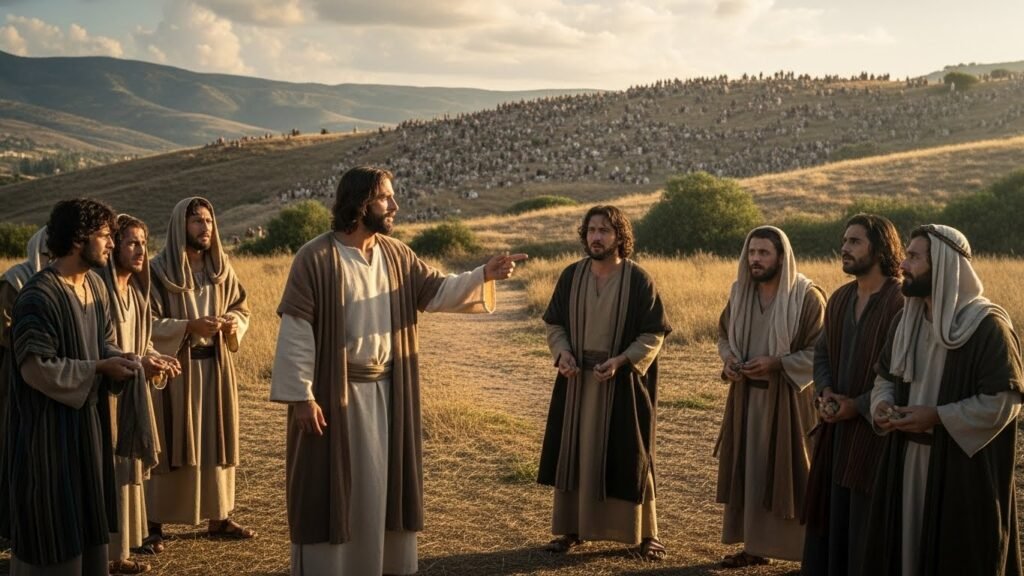 Jesus explica aos discípulos quantos pães e peixes jesus multiplicou para a multidão faminta.