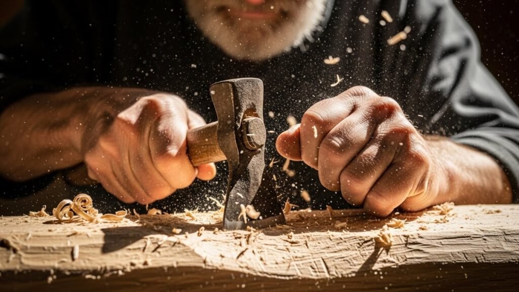 A História da Arca de Noé: Entre a Fé, a Arqueologia e os Mistérios do Dilúvio 2 Mãos do carpinteiro que construiu a arca de Noé trabalhando na madeira de Gofer.