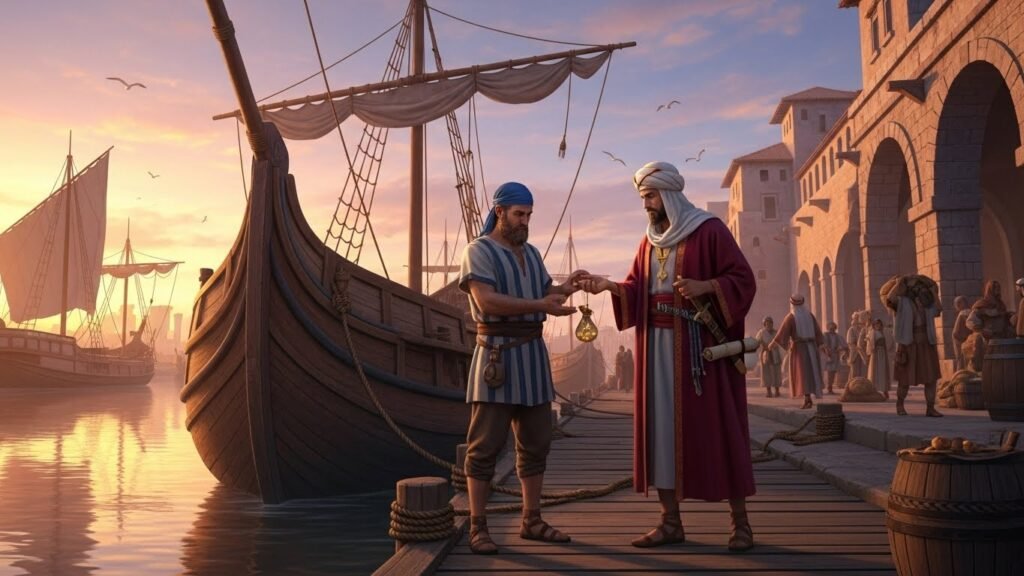 Jonas embarcando em Jope para fugir de sua missão em Nínive