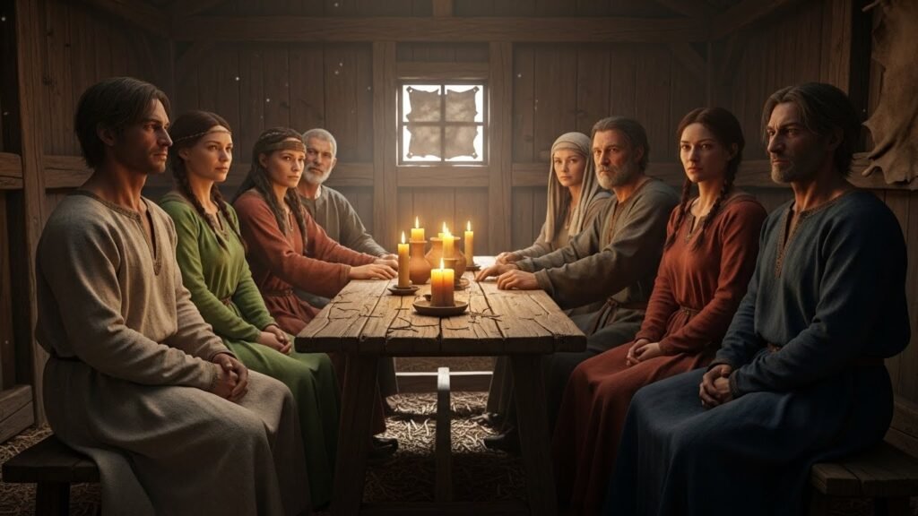 Noé, sua esposa e seus filhos com as esposas representando a sobrevivência da humanidade.