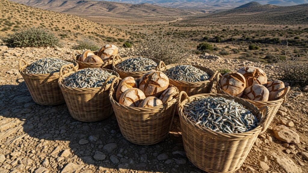 Cenário onde jesus multiplica os pães e peixes para os quatro mil em região árida.
