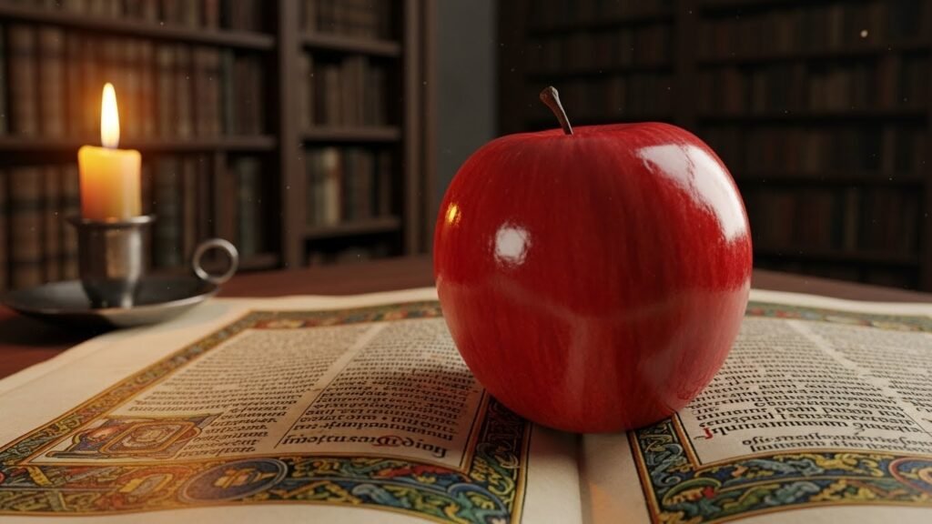 Uma maçã sobre pergaminhos antigos explicando o mito de quem comeu a maçã