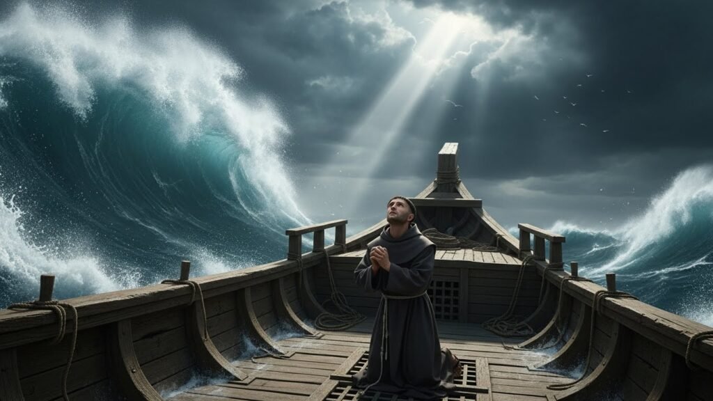 Ilustração de quem foi Santo Antônio de Pádua enfrentando o mar rumo à Itália