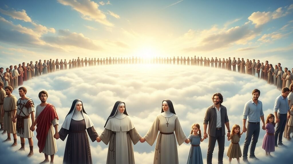 Por que os católicos rezam para os santos? 2 Representação da comunhão dos santos unindo fiéis da terra e do céu