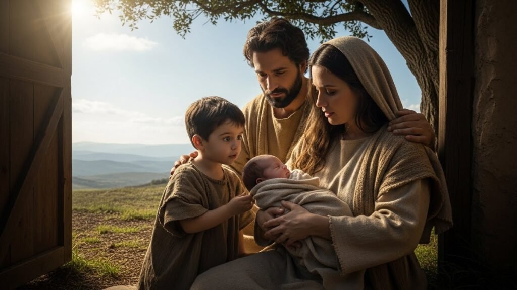 Momento em que a família conhece o segundo filho de Adão e Eva