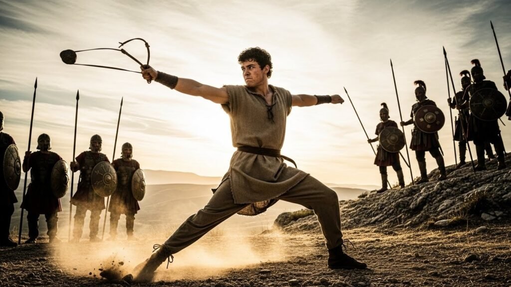 A História de Davi e Golias: O Guia Completo sobre Coragem, Fé e Superação 3 Cena de coragem extrema durante a luta de davi e golias no vale