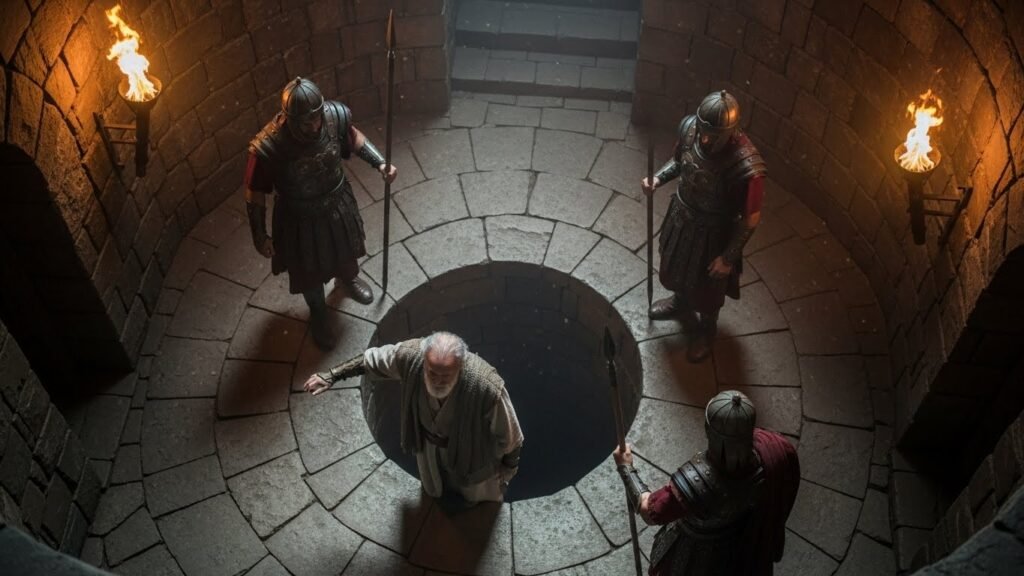 Cena de Daniel sendo levado para enfrentar os leões por causa de sua fé inabalável