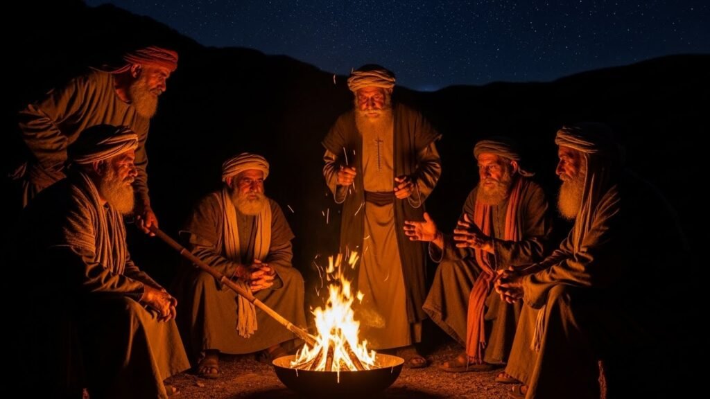 Patriarcas bíblicos reunidos discutindo as gerações passadas