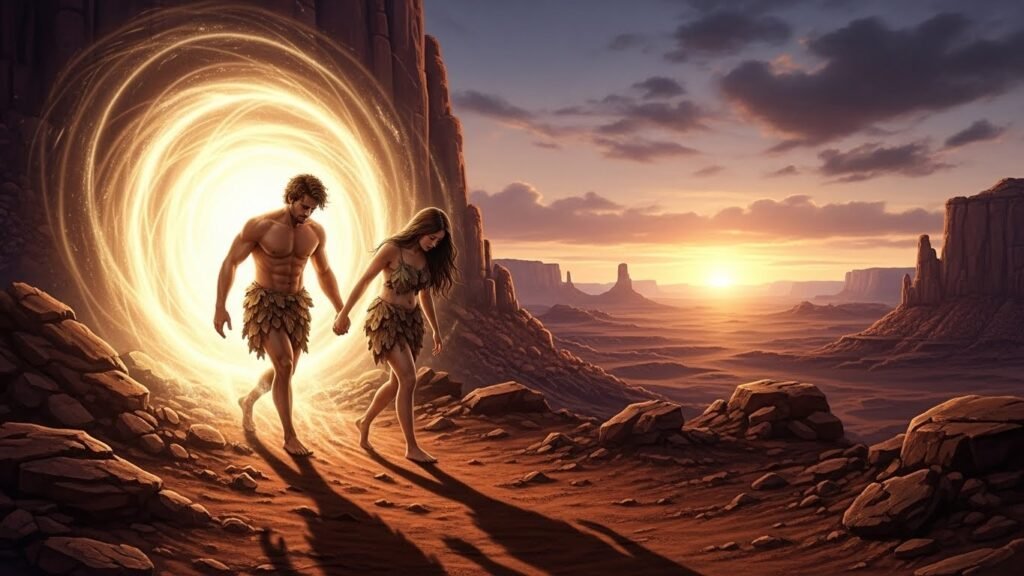 O casal deixando o paraíso após a dúvida sobre qual era o fruto que eva comeu