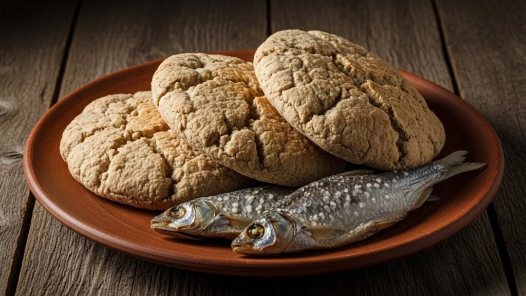 Exemplo histórico dos peixes e pães de cevada usados na época de Jesus.