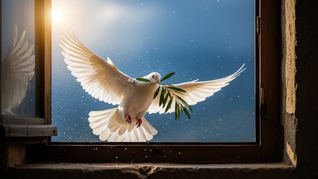 A História da Arca de Noé: Entre a Fé, a Arqueologia e os Mistérios do Dilúvio 6 A pomba com o ramo de oliveira como símbolo final na história da arca de Noé.