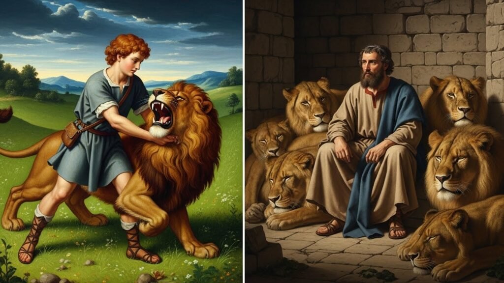 Comparação visual entre o combate de Davi e o milagre de Daniel