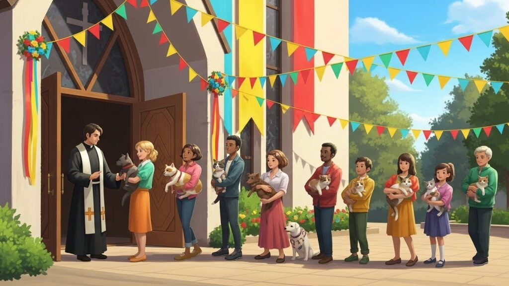 Fiéis reunidos para comemorar qual o dia de sao francisco de assis com seus pets